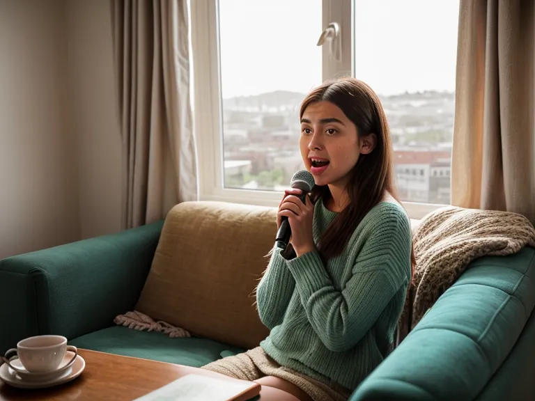 Mujer cantando en casa durante los meses grises, un hobby solitario de bienestar emocional