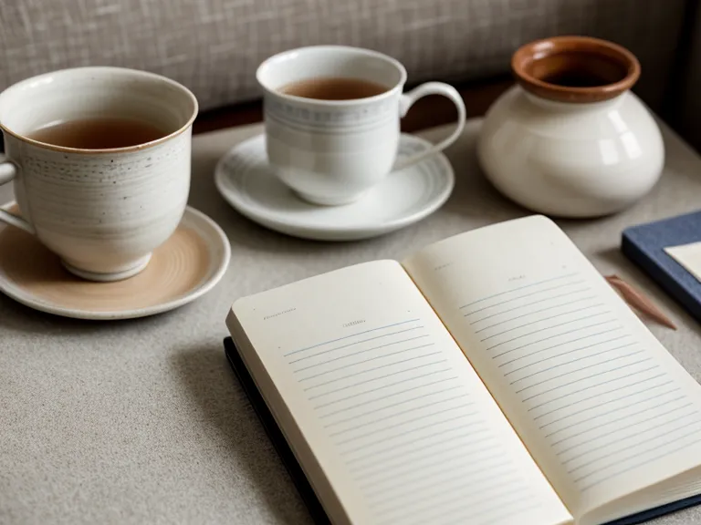Cuaderno con notas sobre canto en casa y bienestar personal junto a una taza de té