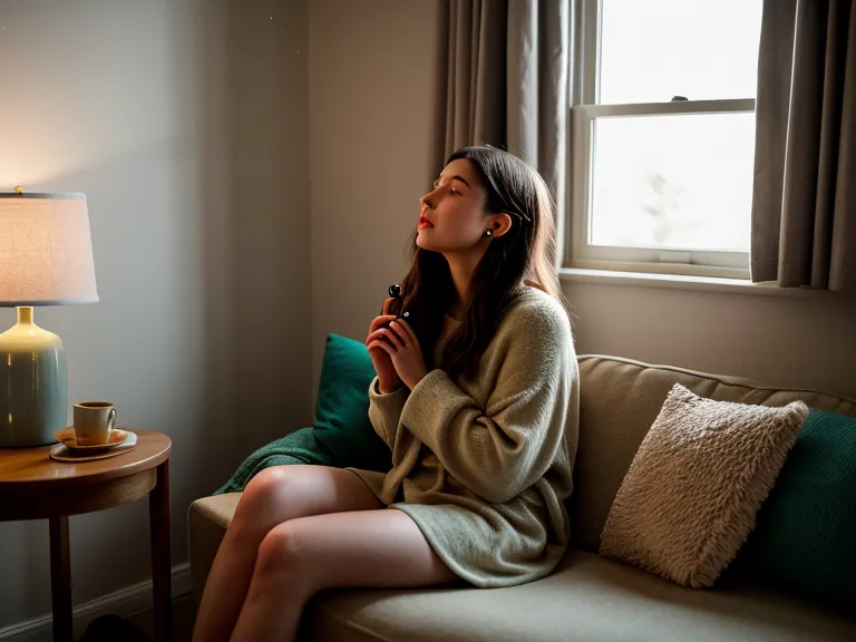 Mujer sintiendo el quiebre de un registro agudo al cantar en casa, un gesto de autocuidado creativo