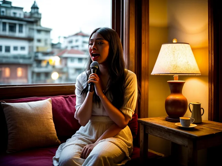 Mujer sintiendo la vibración en sus pómulos al cantar una nota limpia en su sala.