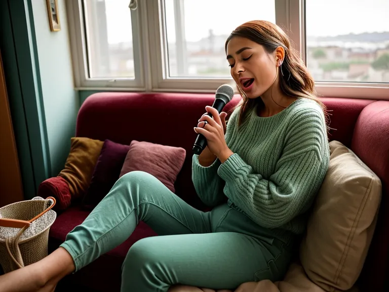 Cantar canciones tristes en casa para soltar emociones difíciles, auriculares puestos en el sofá de un depto en Valparaíso