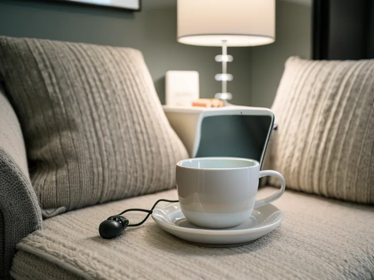 Celular apoyado en una taza de cerámica con la lista de grabaciones de voz caseras de una sesión de canto en casa