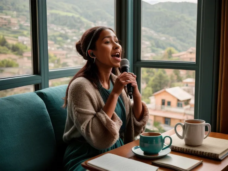 Auriculares sobre el sofá antes de cantar en casa a solas, buscando confianza vocal