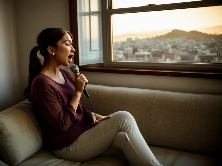 Celular apoyado en una taza de té grabando una sesión de canto en casa para escuchar después